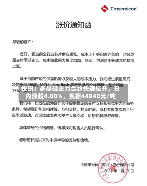 快讯：多晶硅主力合约快速拉升，日内涨超4.00%	，现报44840元/吨-第1张图片